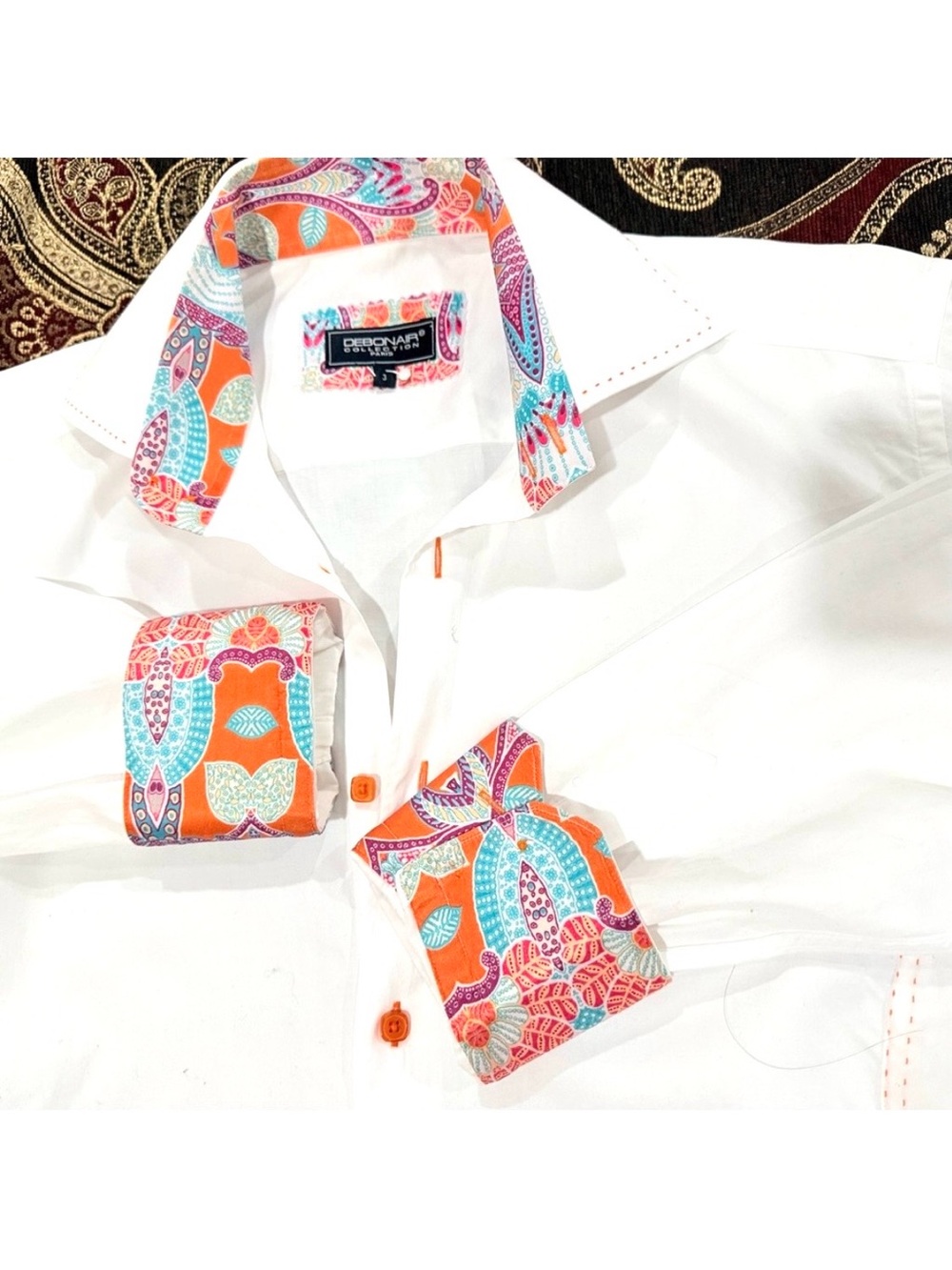 Debonair Collection Men’s White Orange Paisley Dress Shirt Sz 3 (Lg)
